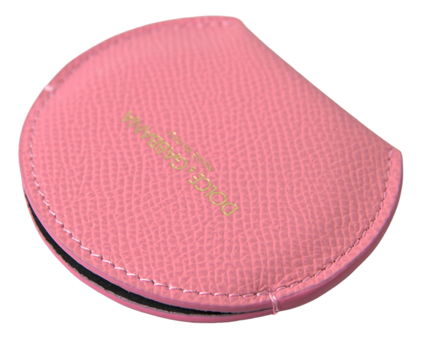 Dolce &amp; Gabbana Pink Calfskin Leather Round Logo Print Hand Mirror Holder