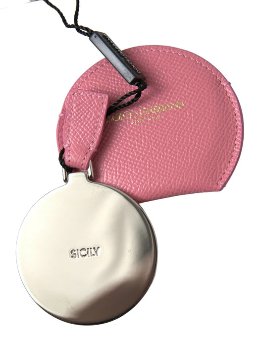 Dolce &amp; Gabbana Pink Calfskin Leather Round Logo Print Hand Mirror Holder