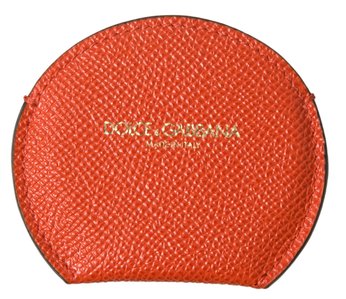 Dolce &amp; Gabbana Orange Calfskin Leather Round Logo Hand Mirror Holder