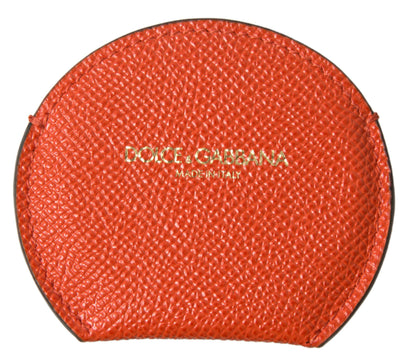 Dolce &amp; Gabbana Orange Calfskin Leather Round Logo Hand Mirror Holder