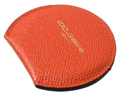 Dolce &amp; Gabbana Orange Calfskin Leather Round Logo Hand Mirror Holder