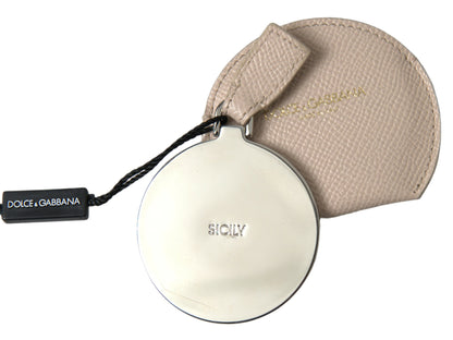 Dolce &amp; Gabbana Beige Calfskin Leather Round Logo Hand Mirror Holder