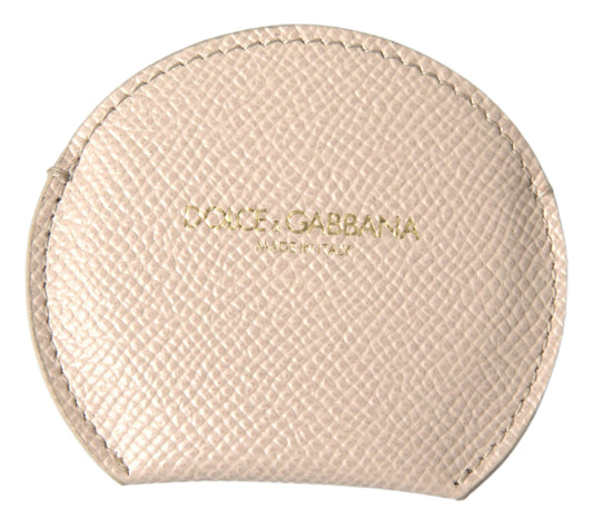 Dolce &amp; Gabbana Beige Calfskin Leather Round Logo Hand Mirror Holder