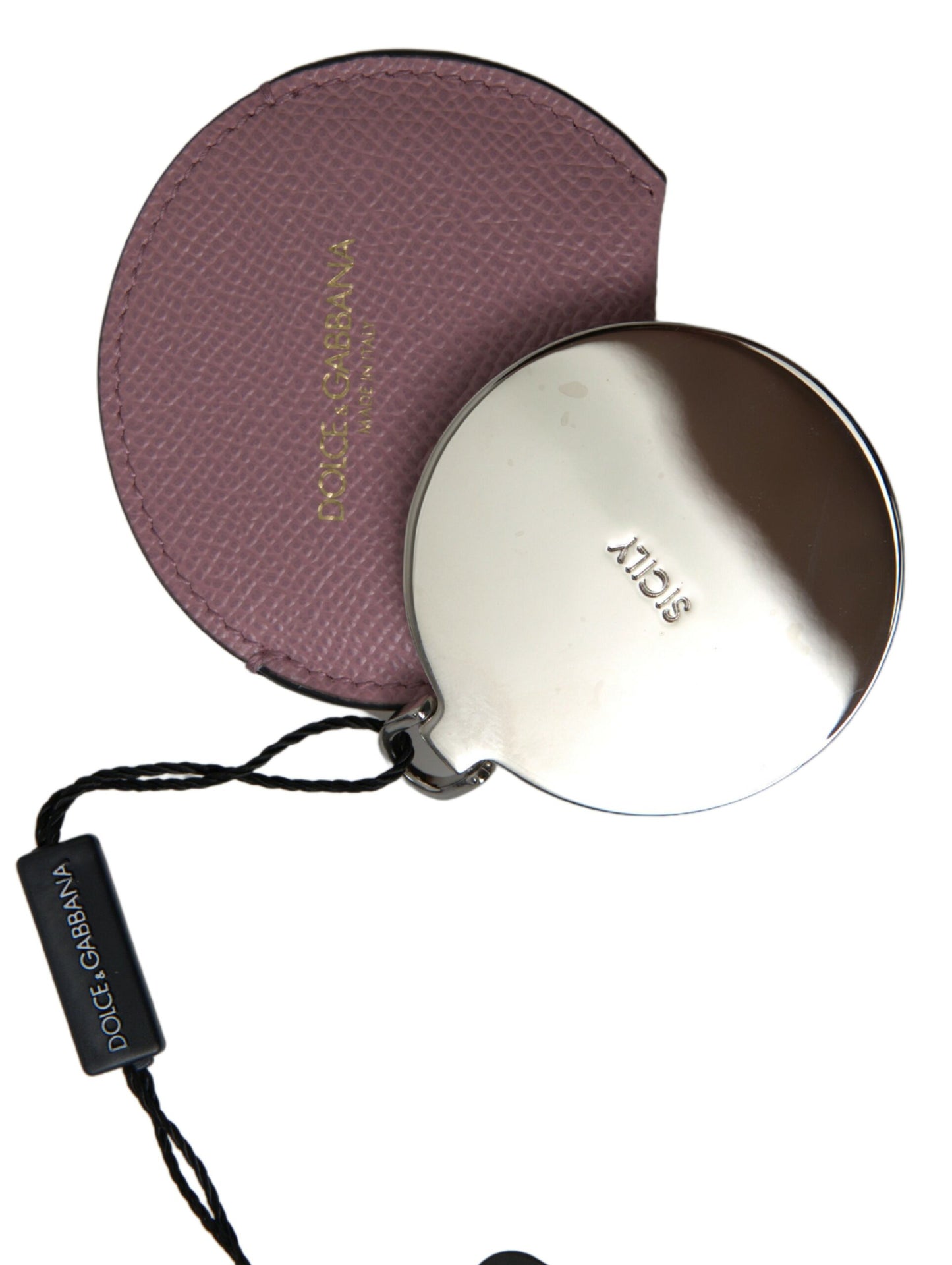 Dolce &amp; Gabbana Pink Calfskin Leather Round Logo Print Hand Mirror Holder