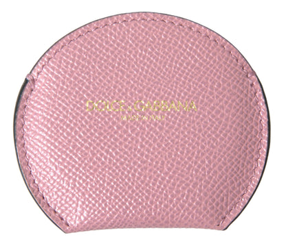 Dolce &amp; Gabbana Pink Calfskin Leather Round Logo Print Hand Mirror Holder