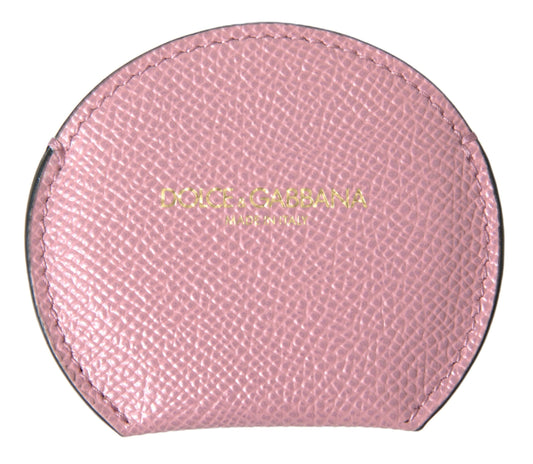 Dolce &amp; Gabbana Pink Calfskin Leather Round Logo Print Hand Mirror Holder