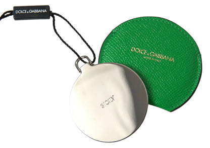 Dolce &amp; Gabbana Green Calfskin Leather Round Logo Hand Mirror Holder