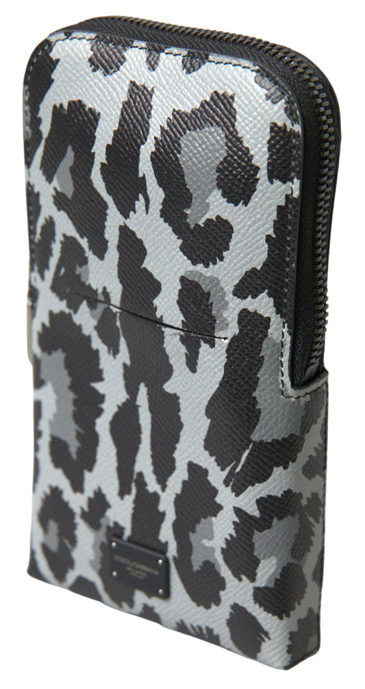 Dolce &amp; Gabbana Graue Leopardenleder Herren Geldbörse Crossbody Sling Handytasche