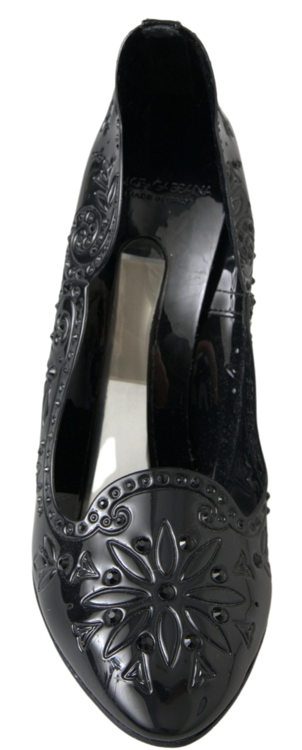 Dolce &amp; Gabbana Schwarze CINDERELLA-Absatzschuhe mit Blumen- und Kristallverzierung