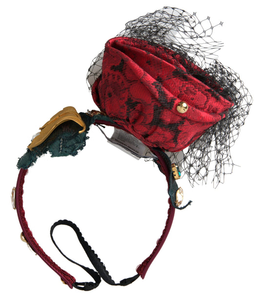 Dolce &amp; Gabbana Rotes Haarband mit mehrfarbigem Rosen-Seidenkristall-Netzlogo-Diadem