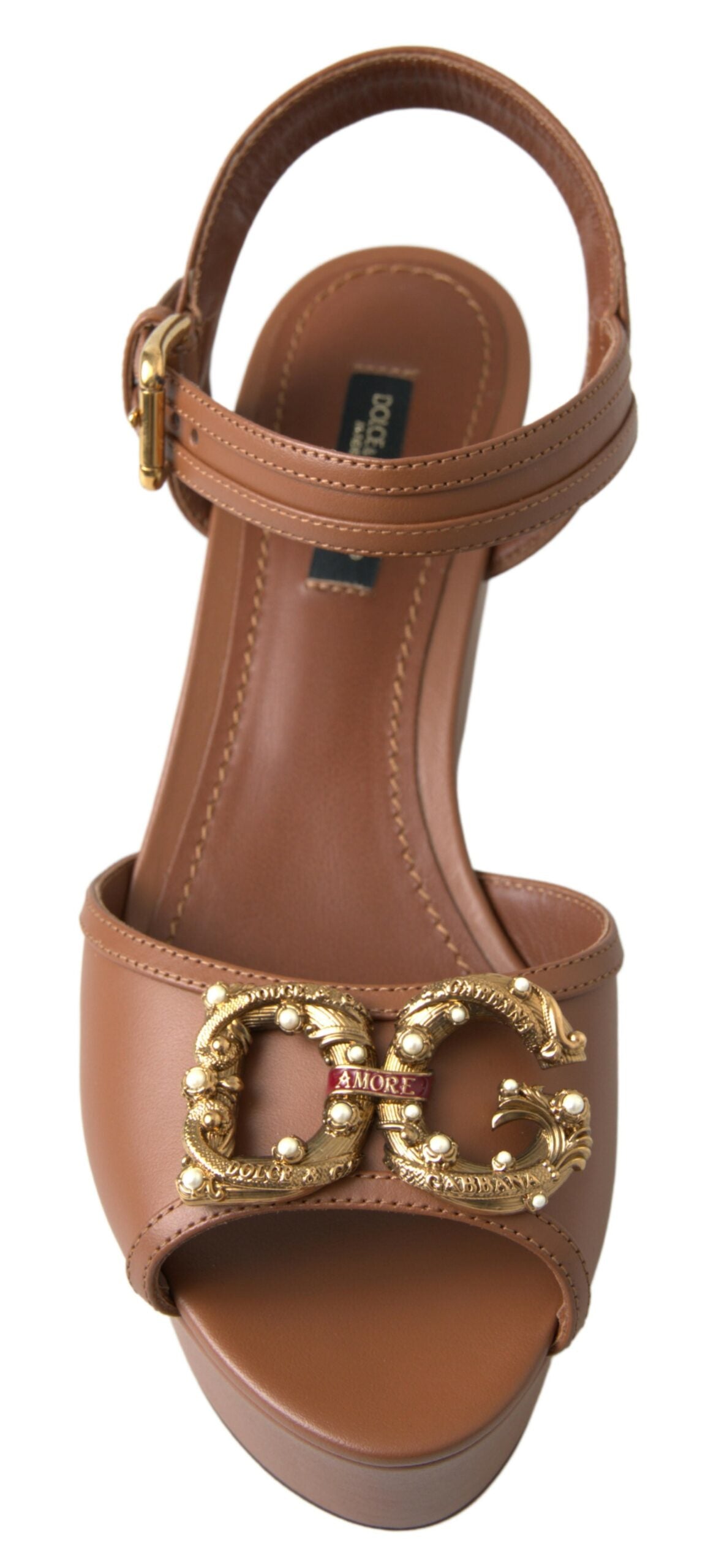 Dolce &amp; Gabbana Braune Leder AMORE Keilsandalen Schuhe