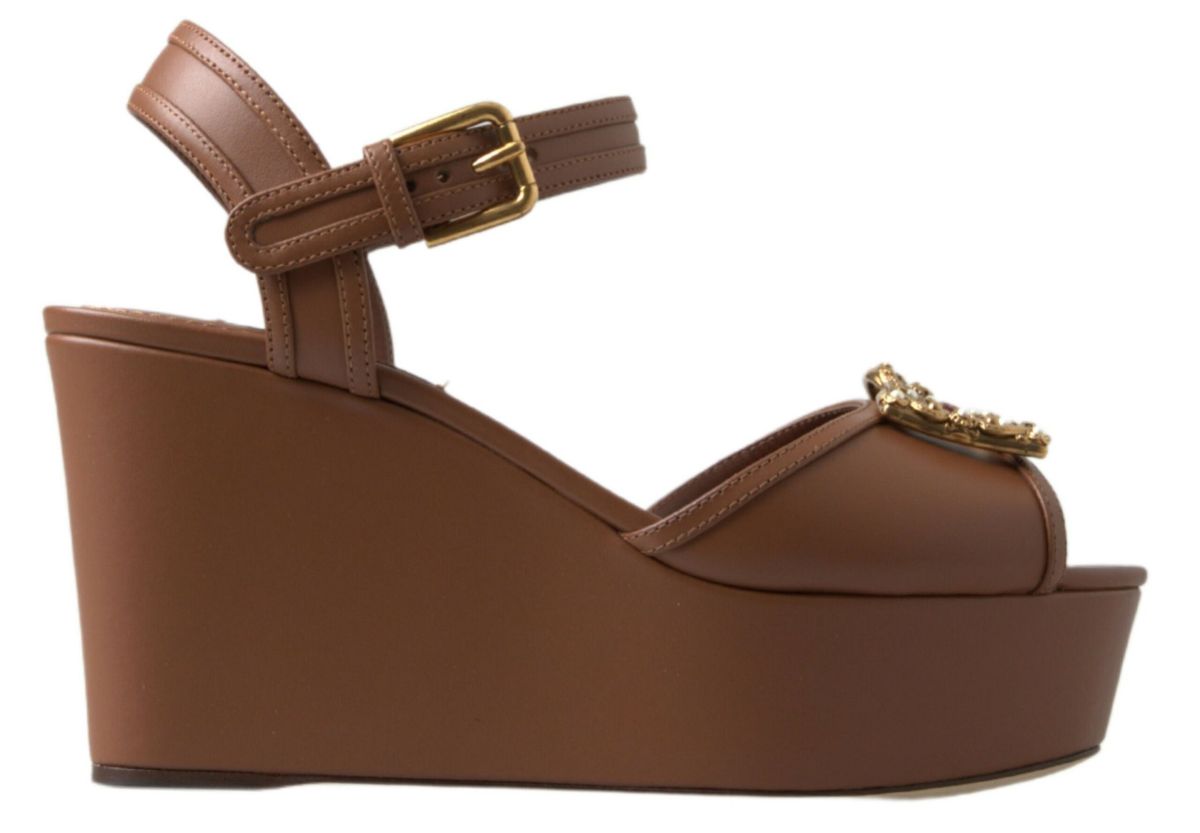 Dolce &amp; Gabbana Braune Leder AMORE Keilsandalen Schuhe