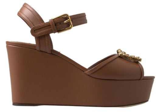 Dolce &amp; Gabbana Braune Leder AMORE Keilsandalen Schuhe