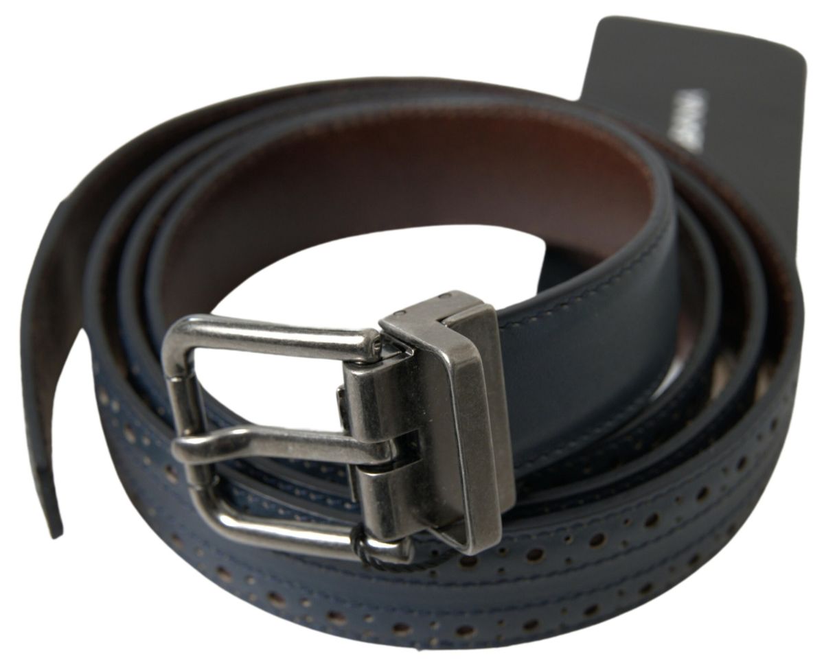 Dolce &amp; Gabbana Blue Leather Perforated Metal Buckle Belt