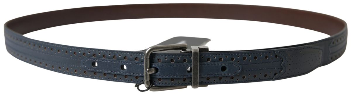 Dolce &amp; Gabbana Blue Leather Perforated Metal Buckle Belt