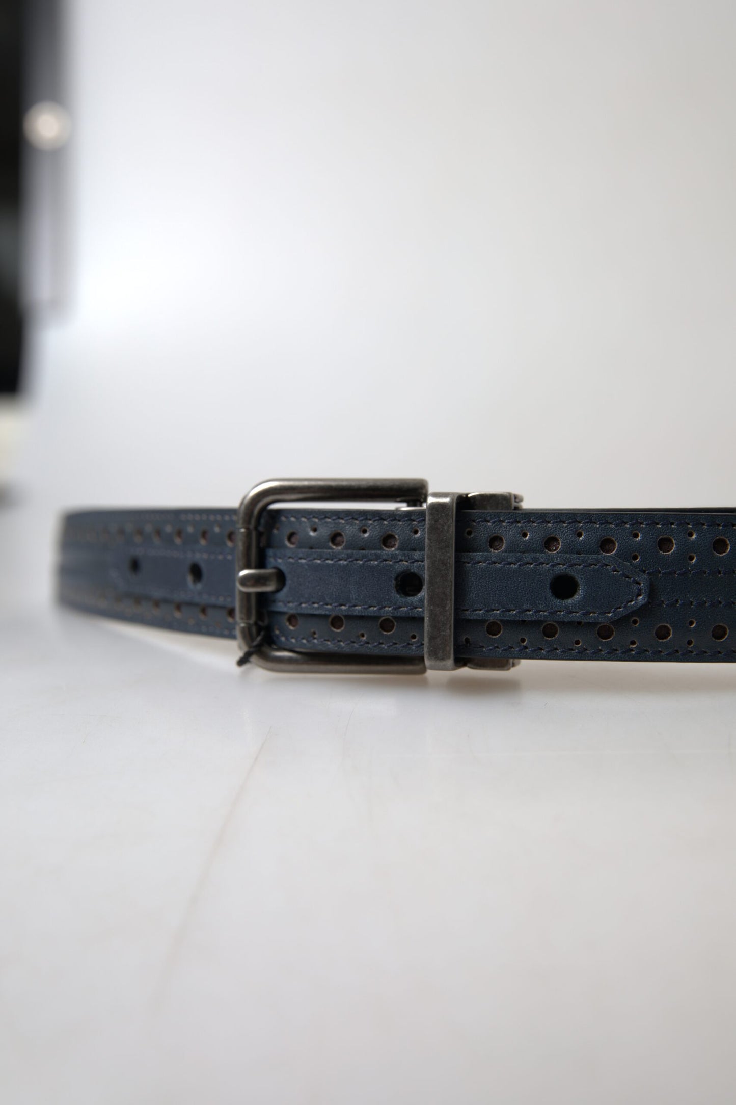 Dolce &amp; Gabbana Blue Leather Perforated Metal Buckle Belt