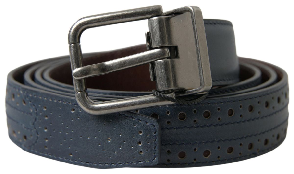 Dolce &amp; Gabbana Blue Leather Perforated Metal Buckle Belt