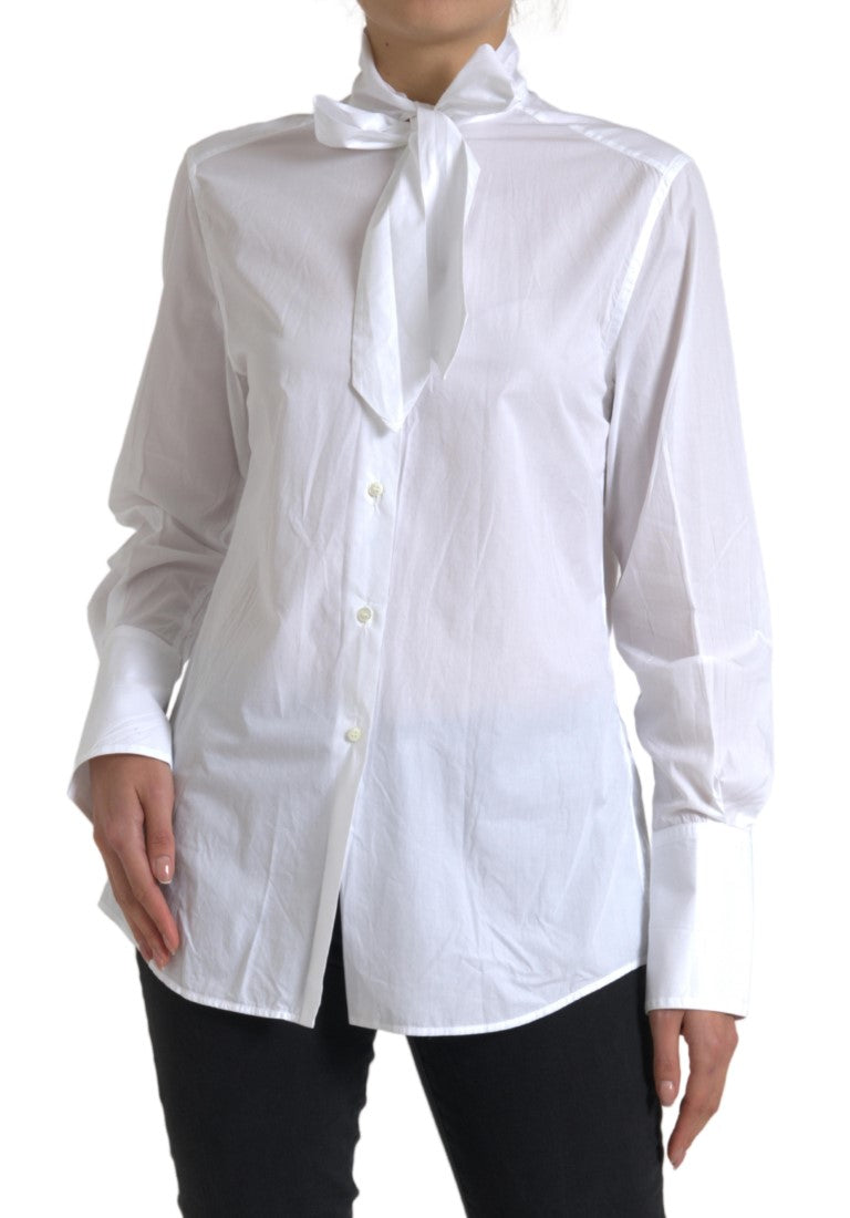 Dolce &amp; Gabbana White Cotton Ascot Collar Long Sleeves Top