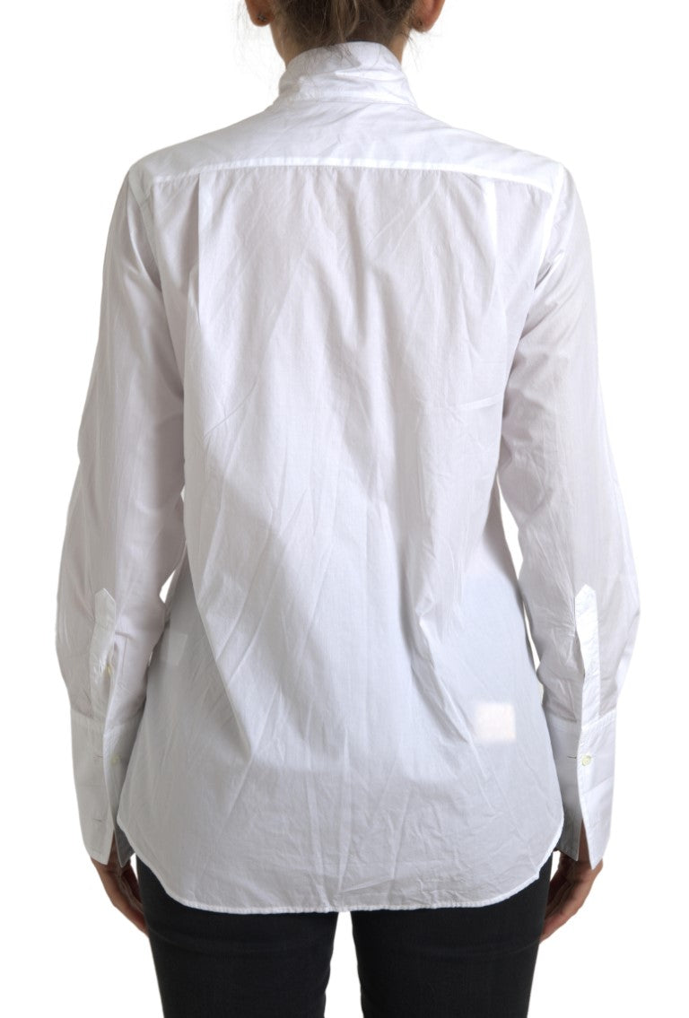Dolce &amp; Gabbana White Cotton Ascot Collar Long Sleeves Top