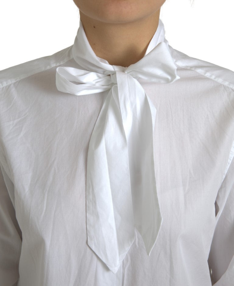 Dolce &amp; Gabbana White Cotton Ascot Collar Long Sleeves Top