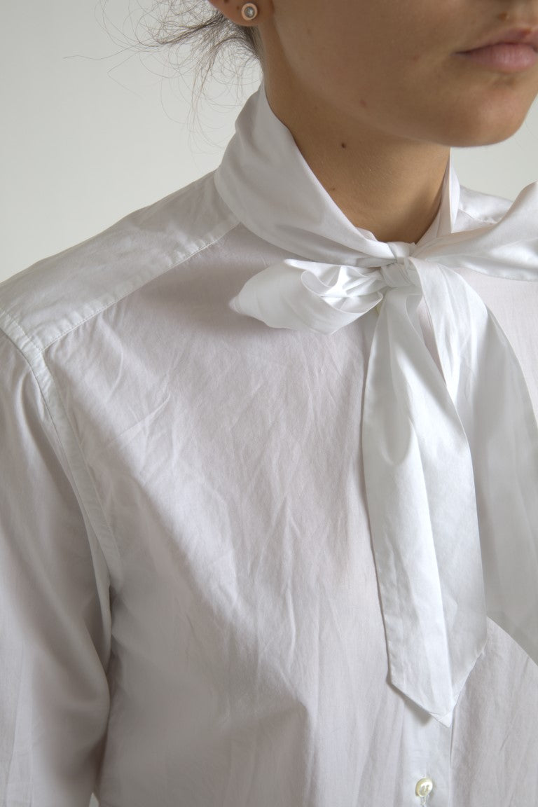 Dolce &amp; Gabbana White Cotton Ascot Collar Long Sleeves Top