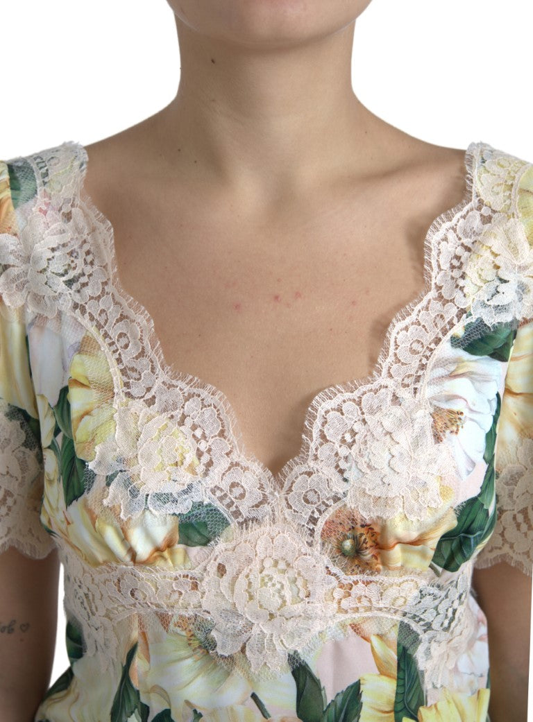 Dolce &amp; Gabbana Multicolor Floral Lace V Neck Blouse