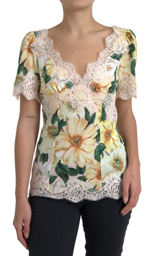 Dolce &amp; Gabbana Multicolor Floral Lace V Neck Blouse
