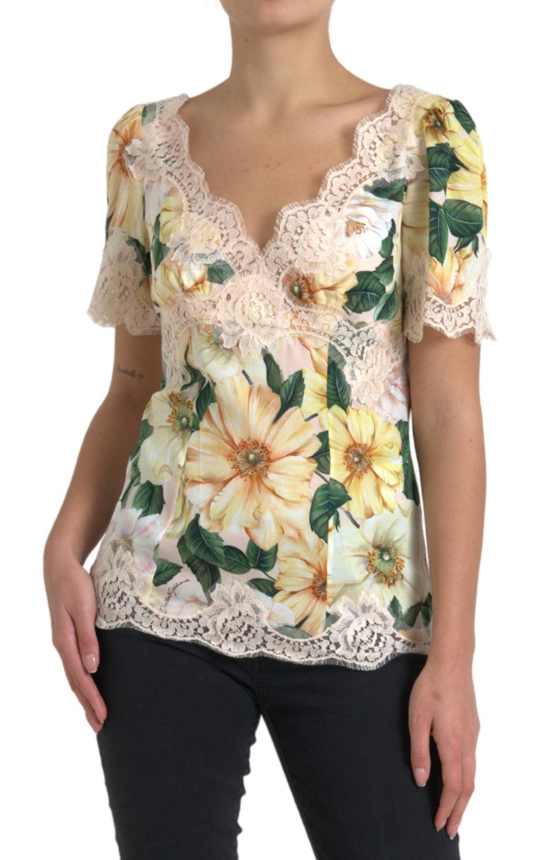 Dolce &amp; Gabbana Multicolor Floral Lace V Neck Blouse