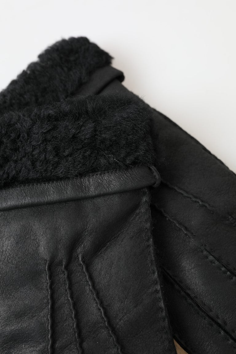 Dolce &amp; Gabbana Schwarze Lederpelz-Kurzhandfäustlinge Herrenhandschuhe