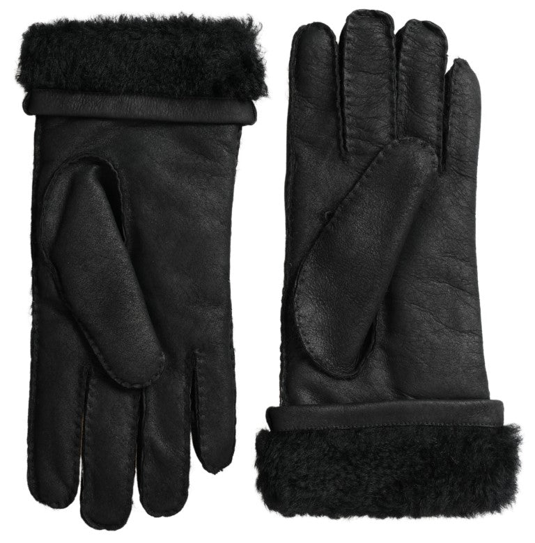 Dolce &amp; Gabbana Schwarze Lederpelz-Kurzhandfäustlinge Herrenhandschuhe