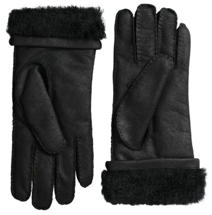 Dolce &amp; Gabbana Schwarze Lederpelz-Kurzhandfäustlinge Herrenhandschuhe