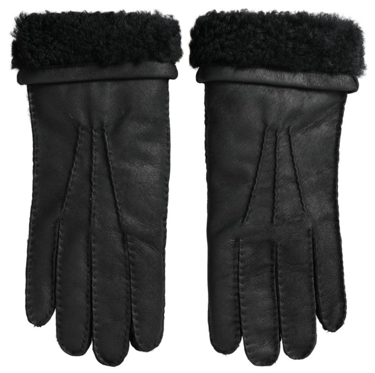 Dolce &amp; Gabbana Schwarze Lederpelz-Kurzhandfäustlinge Herrenhandschuhe
