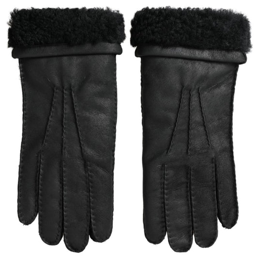 Dolce &amp; Gabbana Schwarze Lederpelz-Kurzhandfäustlinge Herrenhandschuhe