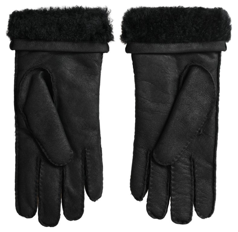 Dolce &amp; Gabbana Schwarze Lederpelz-Kurzhandfäustlinge Herrenhandschuhe