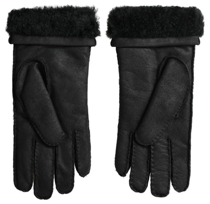 Dolce &amp; Gabbana Schwarze Lederpelz-Kurzhandfäustlinge Herrenhandschuhe