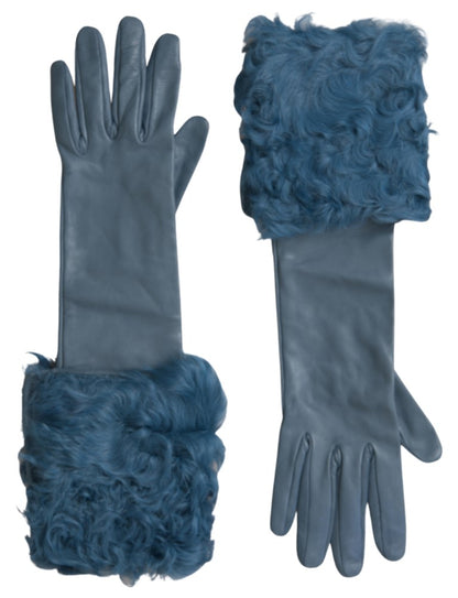 Dolce &amp; Gabbana, blaue Lederpelzhandschuhe in Mittellänge