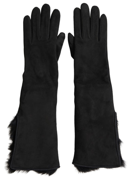 Dolce &amp; Gabbana – Schwarze, ellenbogenlange Handschuhe aus Leder und Pelz