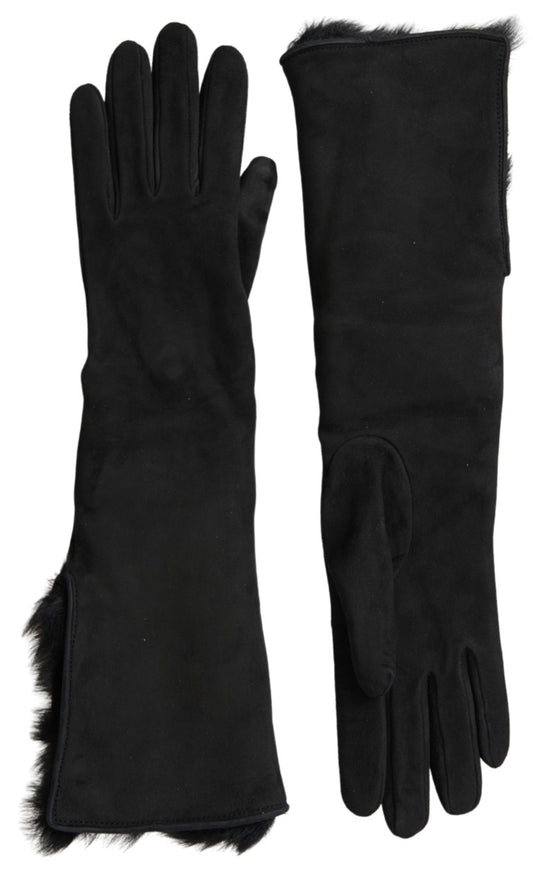 Dolce &amp; Gabbana – Schwarze, ellenbogenlange Handschuhe aus Leder und Pelz