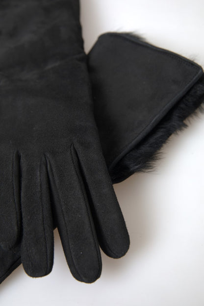Dolce &amp; Gabbana – Schwarze, ellenbogenlange Handschuhe aus Leder und Pelz