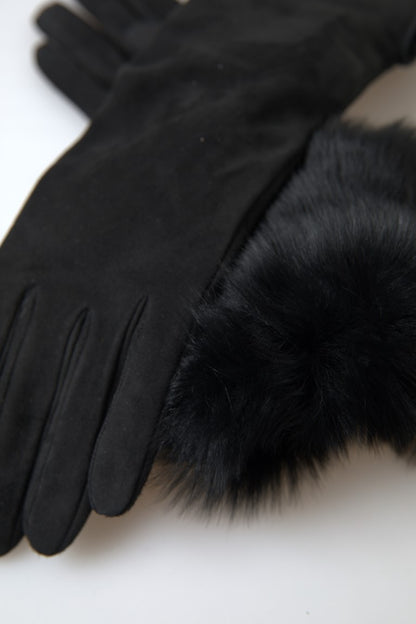 Dolce &amp; Gabbana – Schwarze, ellenbogenlange Handschuhe aus Leder und Pelz