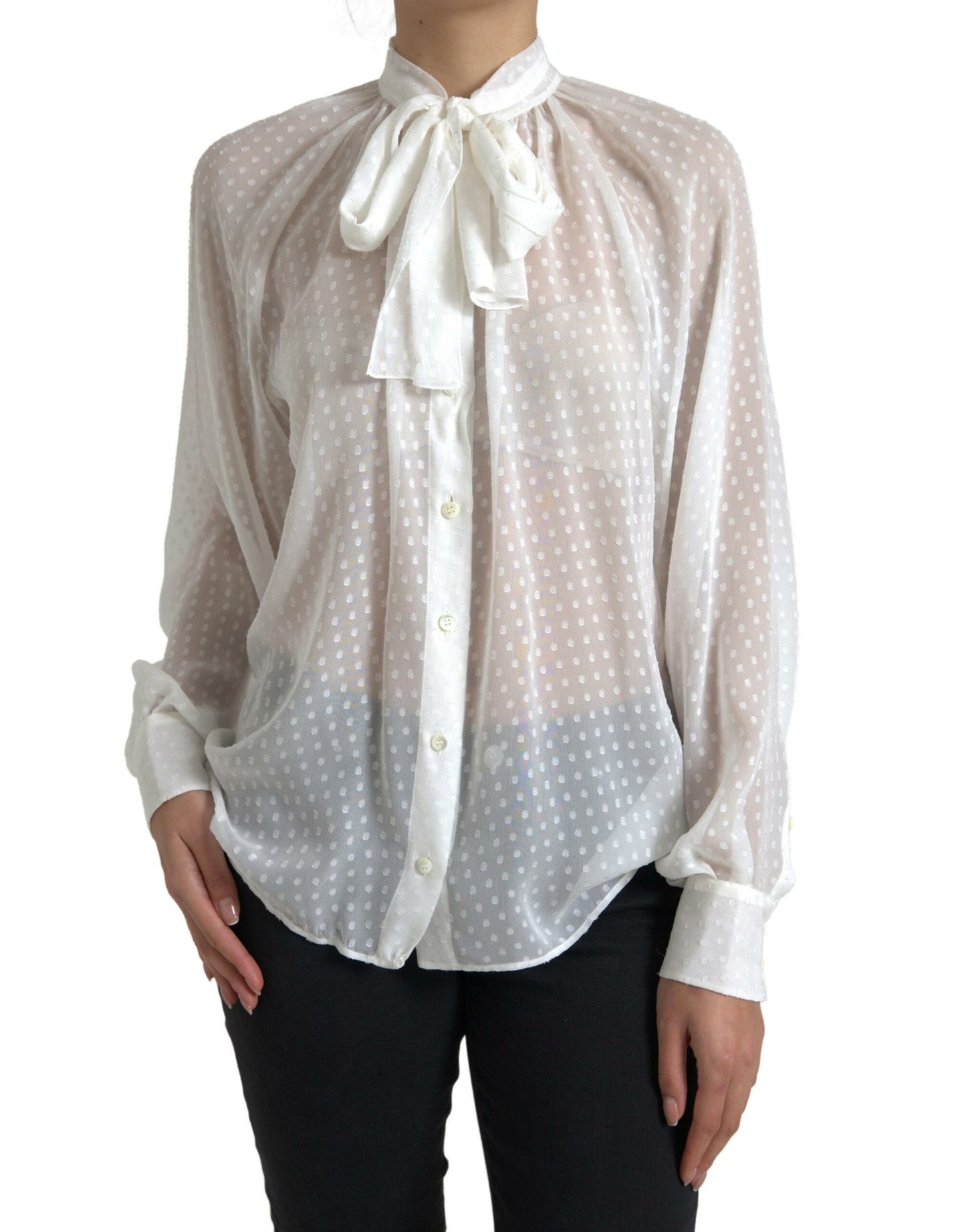Dolce &amp; Gabbana White Silk Sheer Tied Neck Polka Dots Blouse