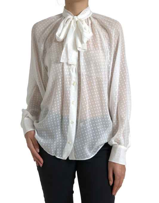 Dolce &amp; Gabbana White Silk Sheer Tied Neck Polka Dots Blouse