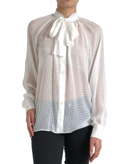 Dolce &amp; Gabbana White Silk Sheer Tied Neck Polka Dots Blouse