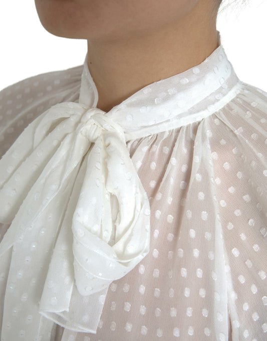 Dolce &amp; Gabbana White Silk Sheer Tied Neck Polka Dots Blouse