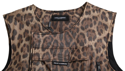 Dolce &amp; Gabbana Braune ärmellose Sportbekleidung aus Seide mit Leopardenmuster