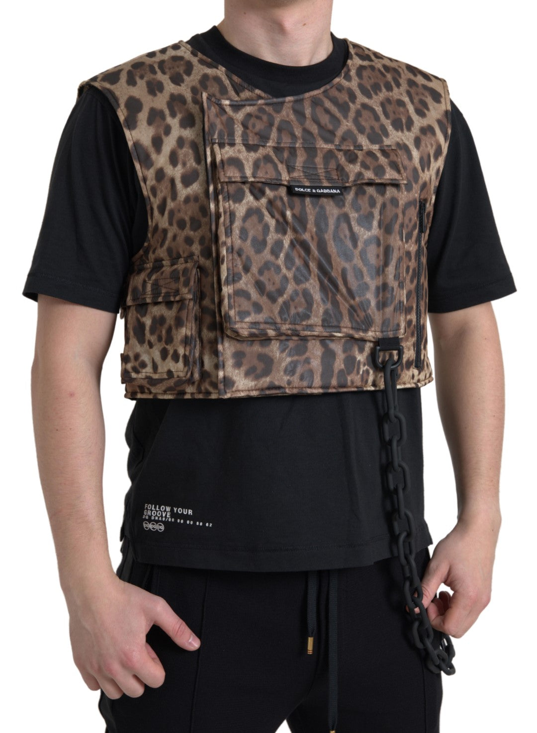 Dolce &amp; Gabbana Braune ärmellose Sportbekleidung aus Seide mit Leopardenmuster