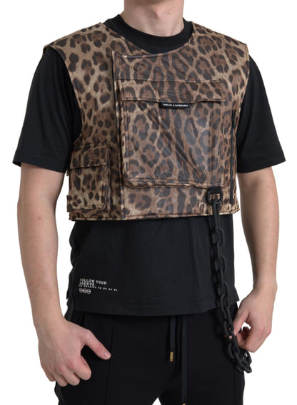 Dolce &amp; Gabbana Braune ärmellose Sportbekleidung aus Seide mit Leopardenmuster