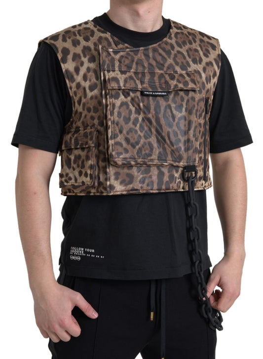 Dolce &amp; Gabbana Braune ärmellose Sportbekleidung aus Seide mit Leopardenmuster