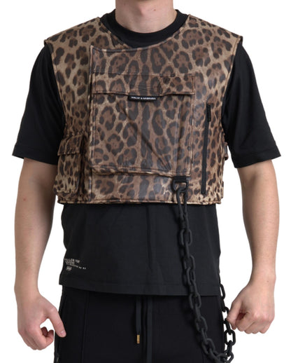 Dolce &amp; Gabbana Braune ärmellose Sportbekleidung aus Seide mit Leopardenmuster
