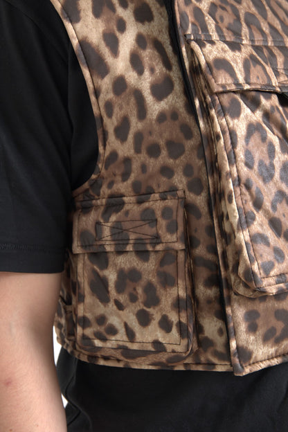 Dolce &amp; Gabbana Braune ärmellose Sportbekleidung aus Seide mit Leopardenmuster